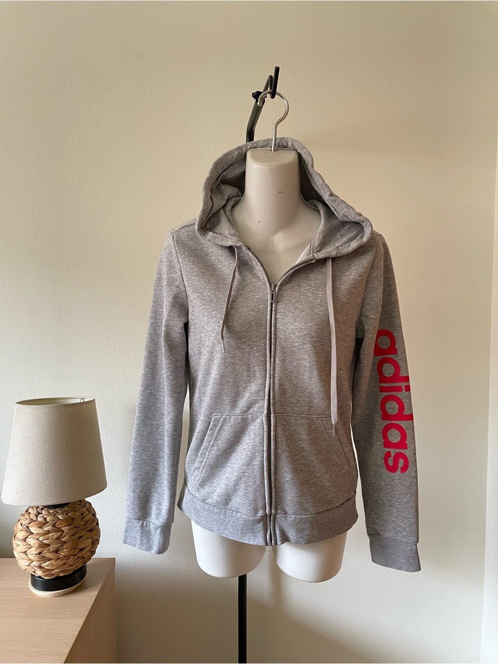 adidas Women's Light Gray Zip Hoodie with Pink Logo